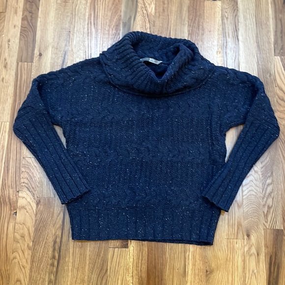 Athleta wool cashmere blue speckle cowl neck sweater cable knit cozy